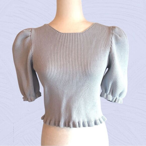 Zara baby blue cropped ribbed knit puff sleeve open back top - Picture 2 of 11